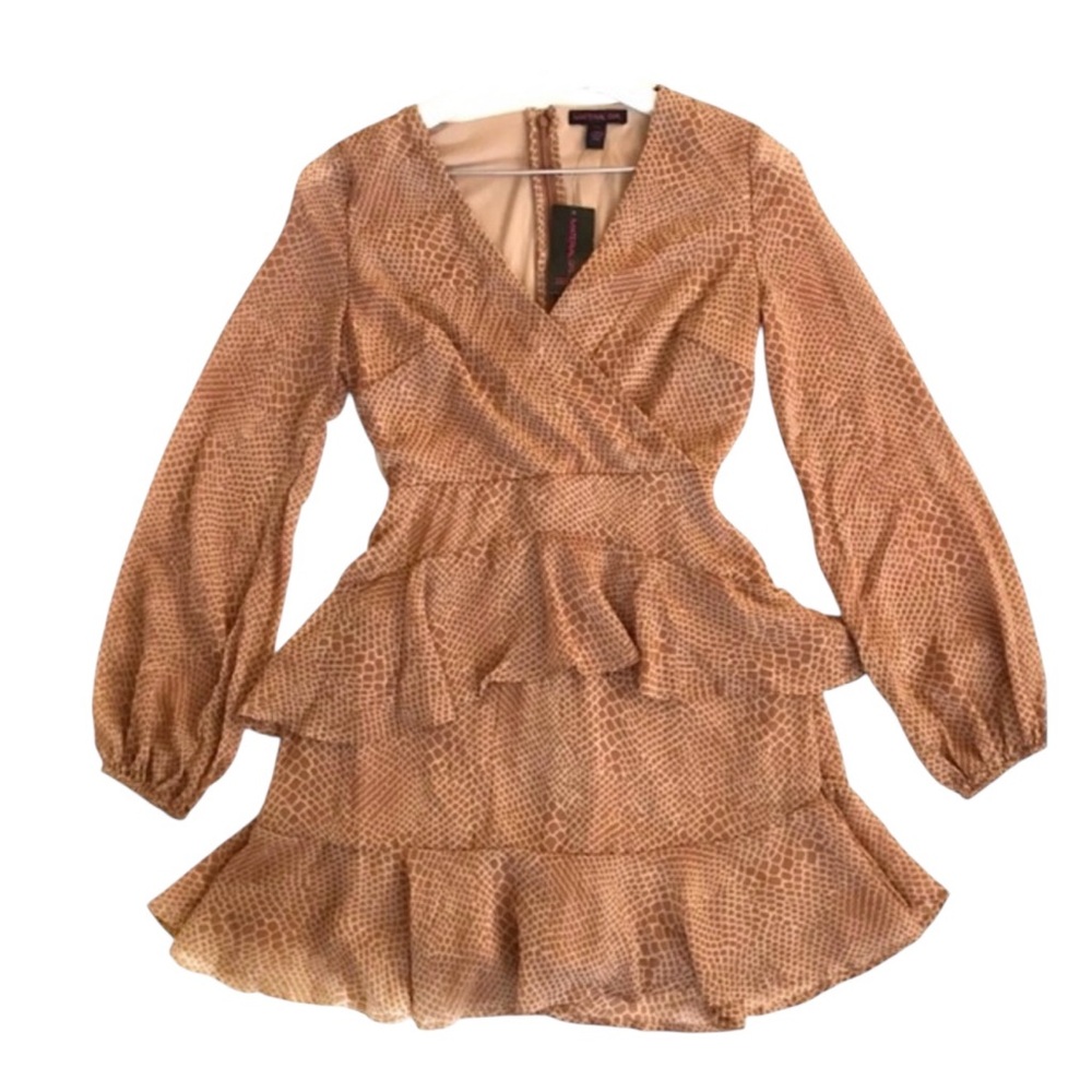 NWT Material Girl Animal Print Tan Ruffle Tie Wrap Dress Size XS - Picture 12 of 13